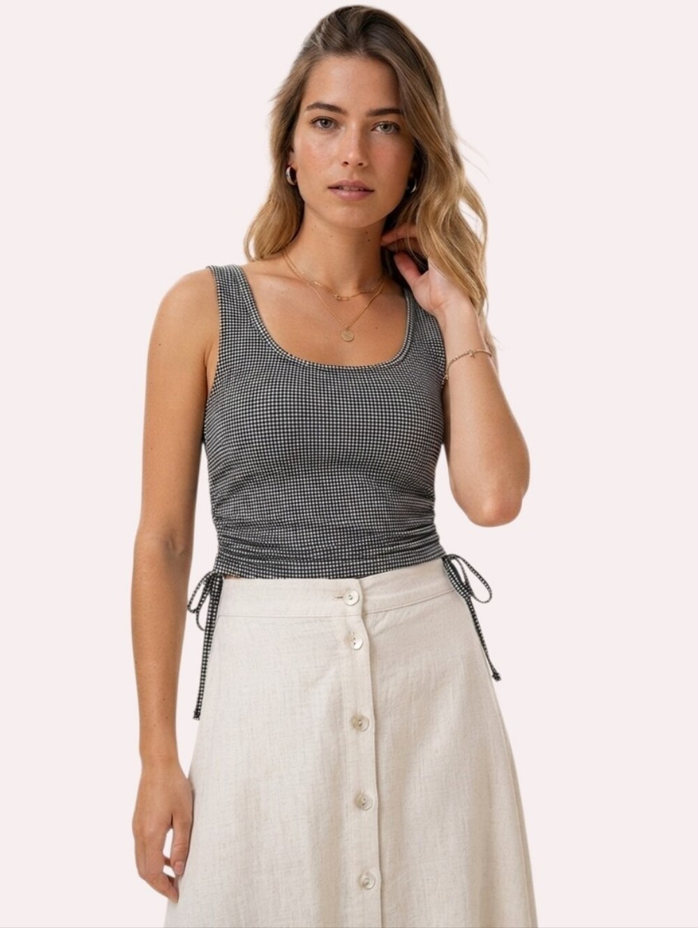 Lefties Black & White Gingham Ruched Tank Top suze M